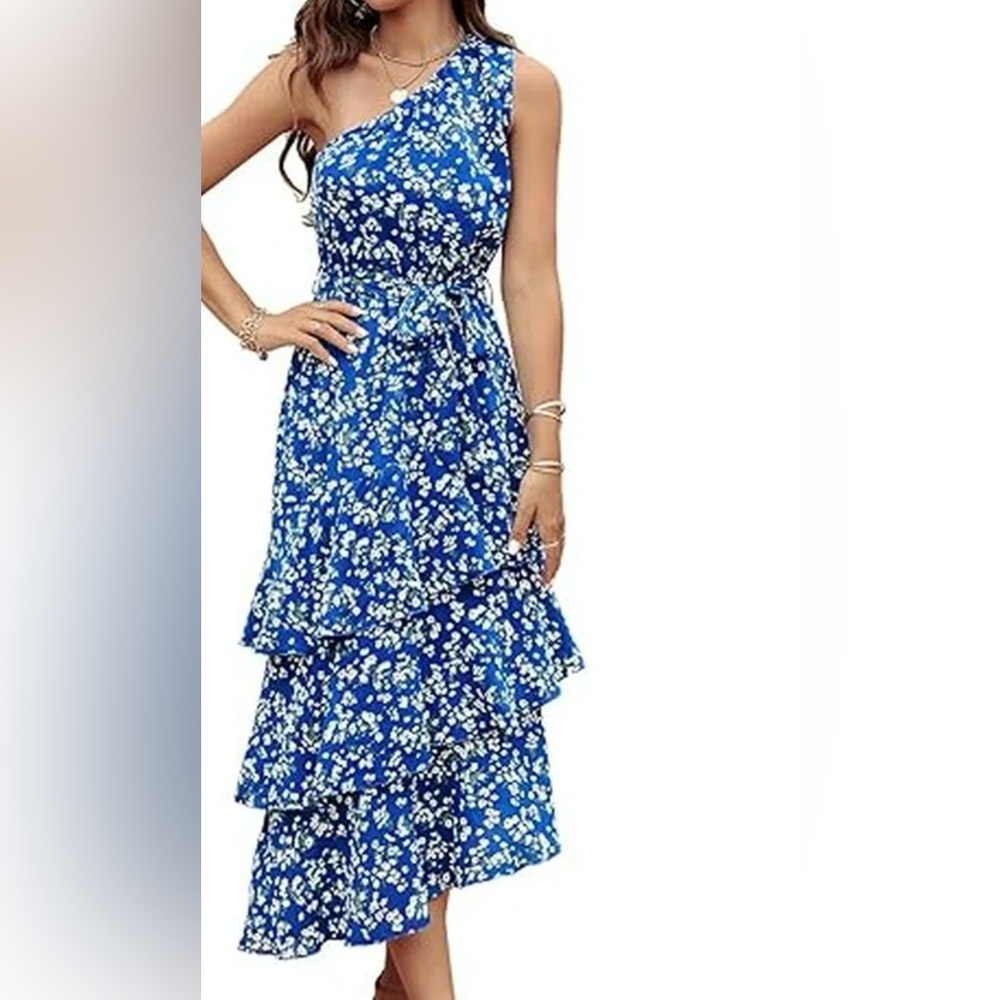 PrettyGarden women’s floral blue one shoulder sun Dress size small